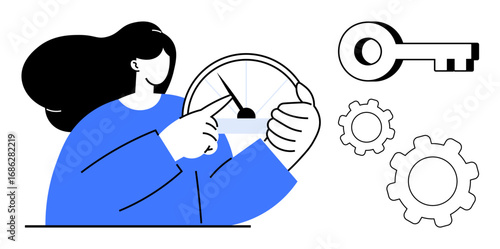 Female figure manipulating a speed dial, surrounded by key and gear illustrations. Ideal for workflow management, system optimization, access control, process improvement, security, productivity