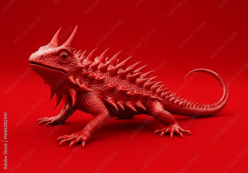 Fototapeta premium Crimson armored lizard a symbol of resilience and adaptability against challenging backgrounds stands out elegantly