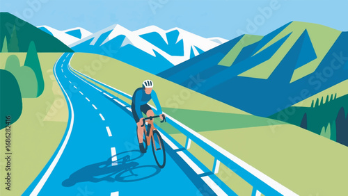 Illustration of Cyclist in Beautiful Landscape with Nature Background Design Template