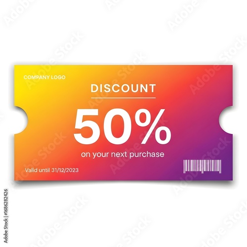 Promotional fifty percent off coupon with a modern colorful gradient background. Vector illustration of a shopping voucher for marketing