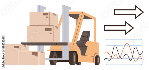 Forklift stacks boxes for shipping, arrows imply movement, graph shows data trends. Ideal for logistics, transport, distribution, inventory, productivity supply chain efficiency. Simple flat
