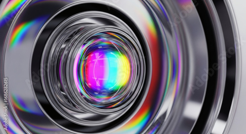 Close-up of a camera lens with vibrant rainbow-colored reflections on a metallic surface