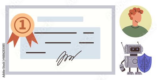 Award certificate with ribbon and signature, a robot holding a shield, and a person portrait. Ideal for education, recognition, achievement, technology, identity, cybersecurity and professional