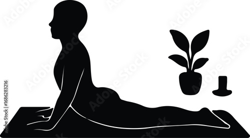 Illustrator Vector Woman practicing cobra pose beside plant pot silhouette