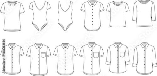 CAD drawing flat vector illustration of women’s tops and shirts fashion design template, t-shirt, bodysuit, collared button-up shirt styles