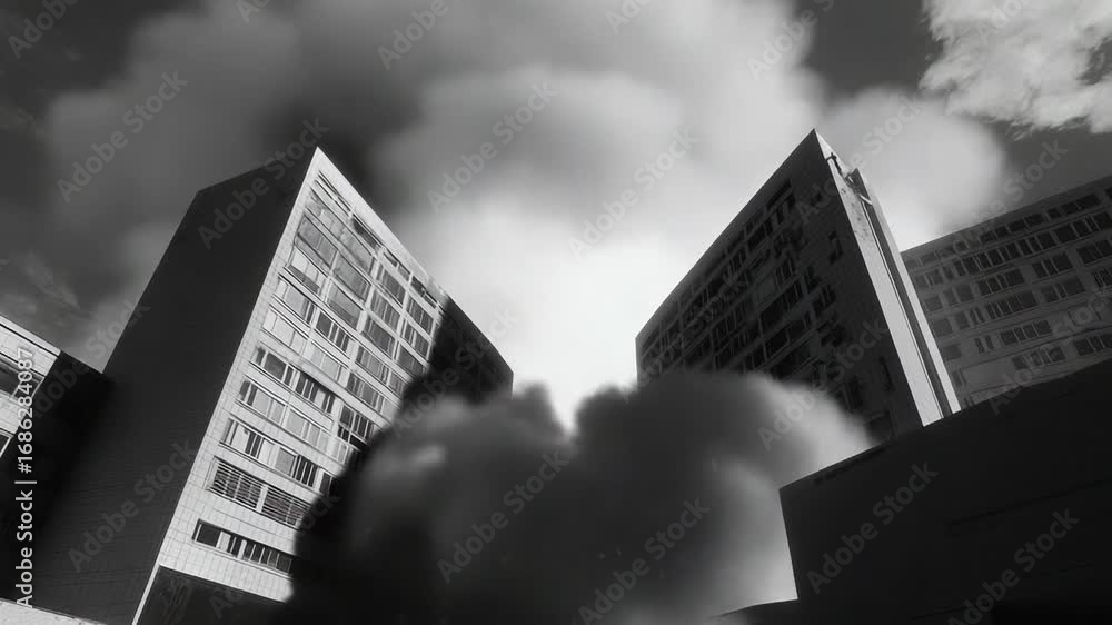 Buildings exploding under cloudy sky during wartime