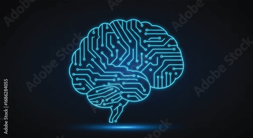 Vector illustration of a bright glowing brain intricately formed by digital circuit lines, symbolizing advanced artificial intelligence and future technology.