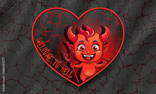 Vector sticker heart. Red bright cartoon little smiling fiery horned devil with pitchfork. Inscription, welcome to hell. Pixels and cracks. Halloween badge
