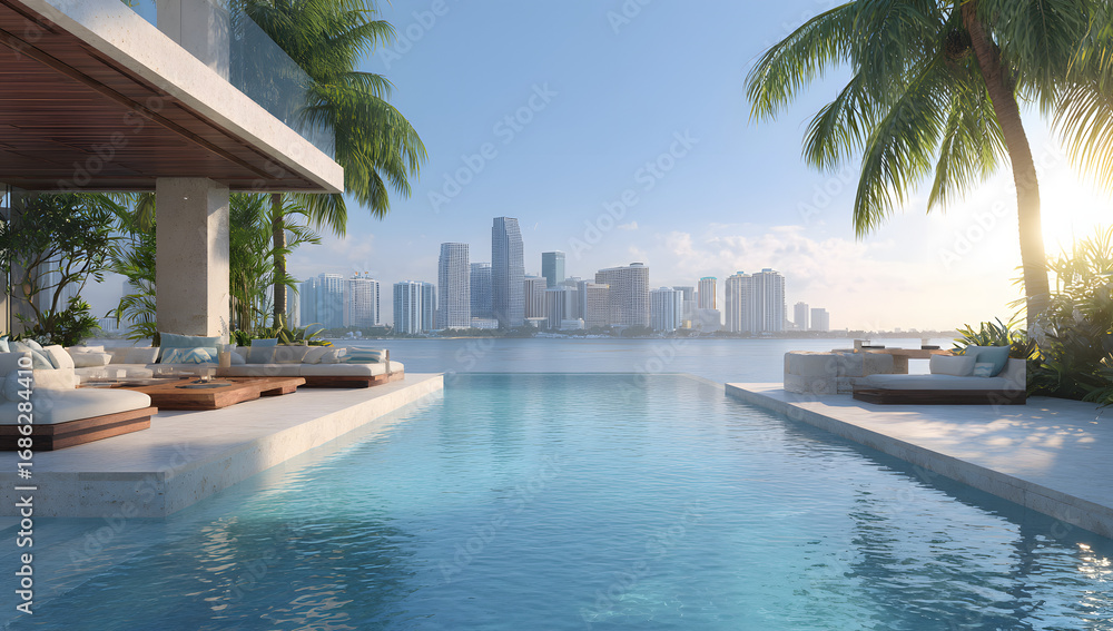 Fototapeta premium Photorealistic Infinity Pool Overlooking Miami Cityscape