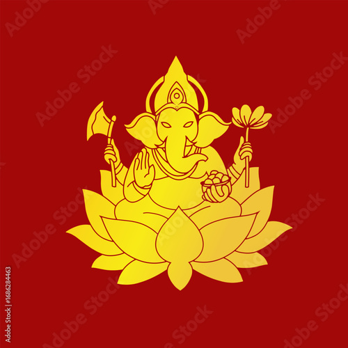 The god Ganesha is golden in color with a red background