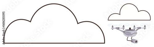 Autonomous Quadcopter equipped with camera flying beside cloud shape, symbolizing data, tech, and IoT. Ideal for AI, surveillance, delivery, cloud computing innovation communication exploration