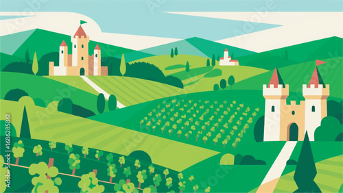 Illustration of Green Vineyard and Medieval Castle with Rural Background Vector Design