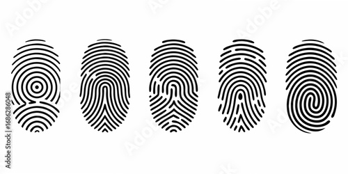 Set of five unique black fingerprint icons on white background