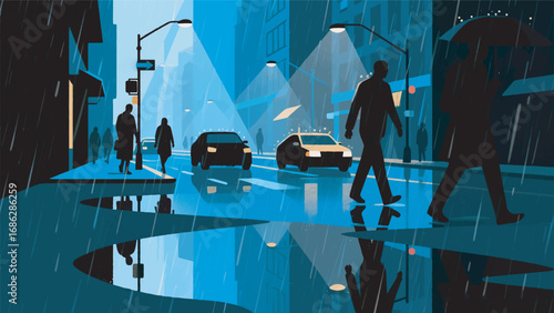 Illustration of Rainy City Street View with Urban Background Design Template