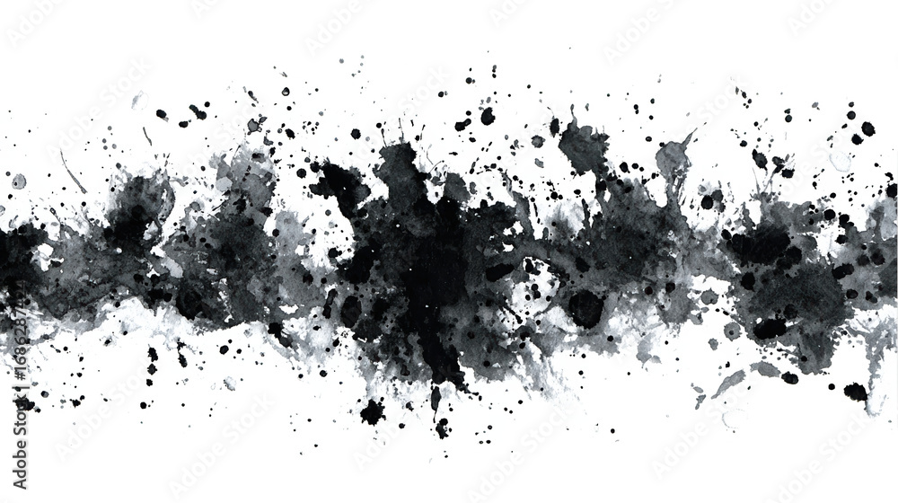 Fototapeta premium Black Ink Splatters Horizontal Pattern White Background Abstract Art Design
