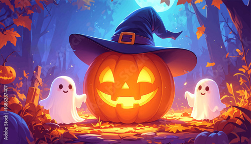 Friendly ghost with pumpkin hat. Halloween night in spooky forest. Glowing jack-o’-lantern, ghost. Witch hat pumpkin under full moon. Cute ghost in autumn night scene. Magical Halloween forest lights