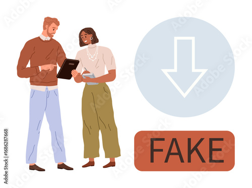Two colleagues exchange ideas using tablets while addressing issues of fake content and misrepresentation. Ideal for education, fraud prevention, technology analysis, trust, workplace learning