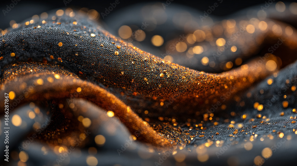 Fototapeta premium Close up of draped fabric with gold glitter and bokeh light background.