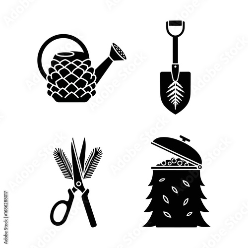 Gardening tools and compost bin icons;  pine cone watering can, shovel, shears, compost.