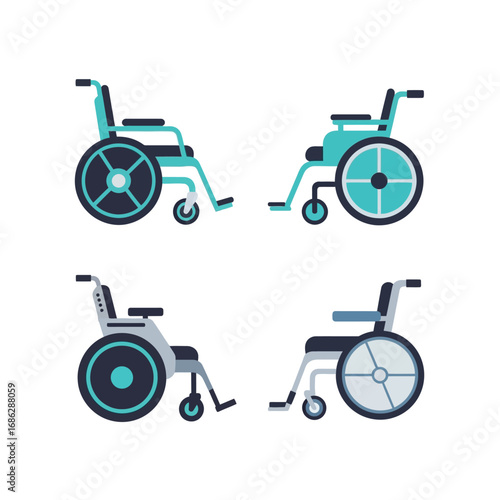 Four different wheelchair designs, side profiles, teal and grey.
