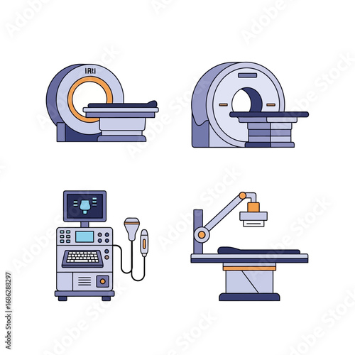 Medical imaging equipment icons: CT scanner, MRI machine, ultrasound, and fluoroscopy system.