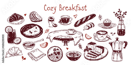 Hand-drawn vector set of cozy breakfast food and drinks in monochrome textured style. Includes cappuccino, tea, croissant, toast with avocado, omelet, baguette, egg, cheese, yogurt and more