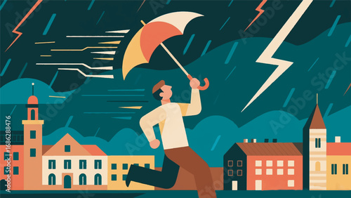 Illustration of Man Running with an Umbrella in a Lightning Storm with City Background Vector Design Template