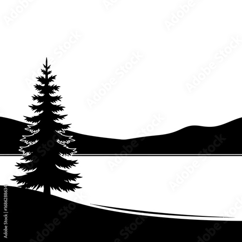 Solitary evergreen tree by serene lake, mountainous backdrop.