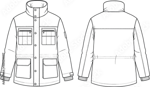 Cad drawing flat vector illustration of utility winter jacket with high collar, large front pockets, ribbed cuffs, fashion sketch design