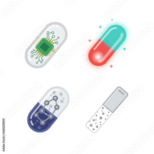 Smart pills, nanotechnology capsules, medical technology, futuristic medicine.