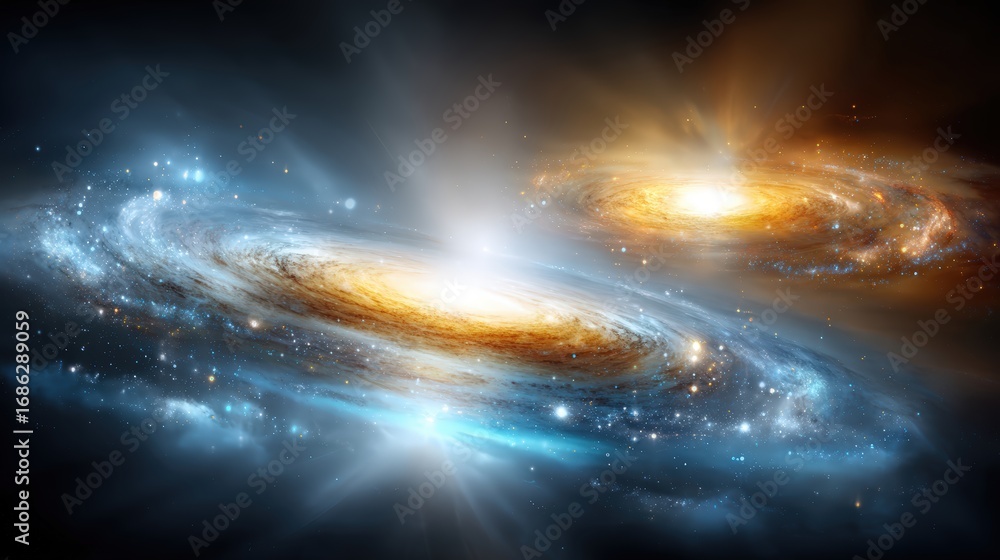Fototapeta premium Vast cosmic scene depicting two interacting galaxies with bright luminous centers and swirling star formations in deep space