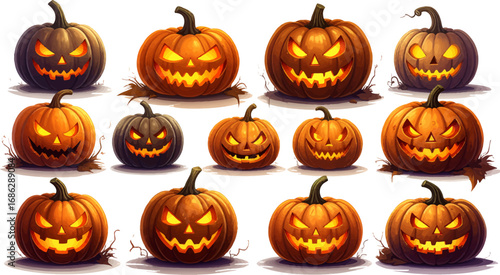 Halloween pumpkins with glowing faces. Spooky carved pumpkins for Halloween. Creepy jack-o'-lanterns with spooky glow. Halloween pumpkin artwork collection. Scary pumpkins for spooky Halloween vibes