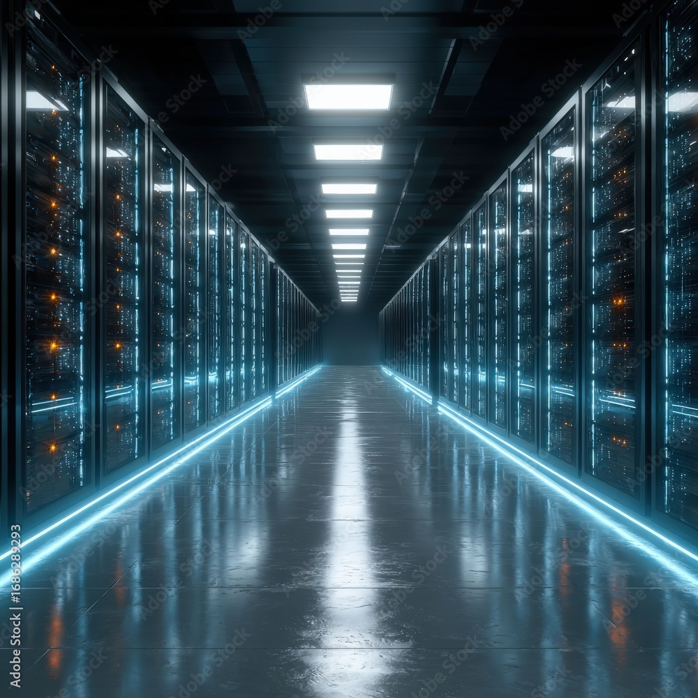 Fototapeta premium A data center with server racks aligned perfectly down a long, well-lit corridor, showcasing the core of digital infrastructure