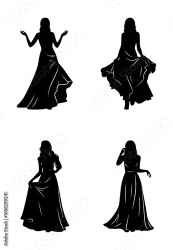 set of silhouettes of women in dresses, isolated background