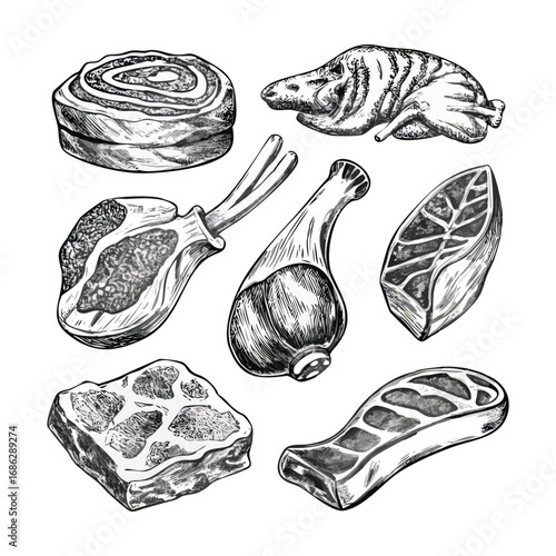 Vintage Butcher Meat Cuts Hand-Drawn Illustration Set)