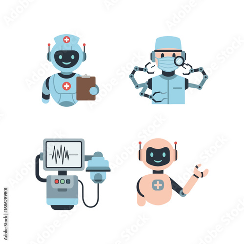 Medical robots and healthcare technology icons; futuristic healthcare assistance.