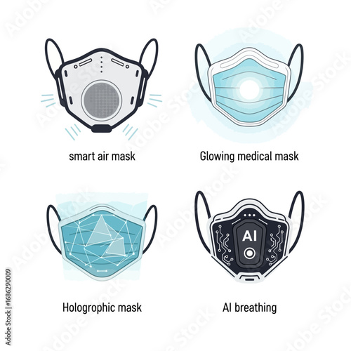 Four innovative face mask designs: smart air, glowing medical, holographic, and AI breathing.