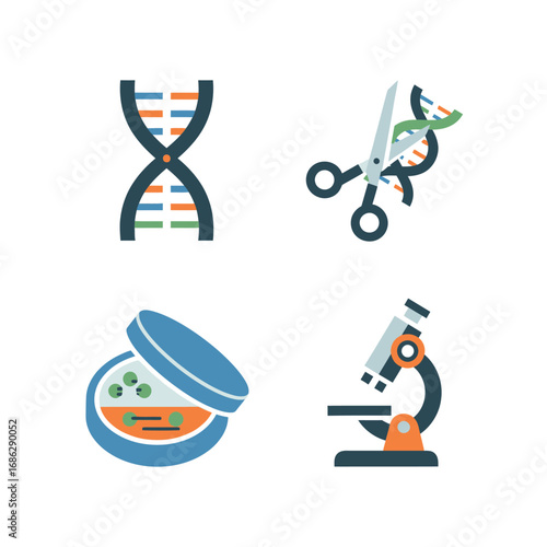 Genetic engineering icons: DNA, scissors, petri dish, microscope.