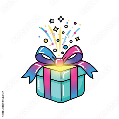 A vibrant, open gift box with a colorful ribbon, releasing a burst of sparkling confetti and celebratory fireworks, symbolizing surprise and joy.