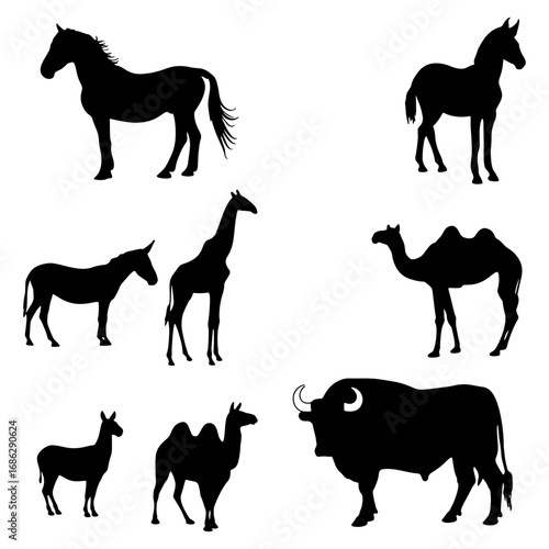 Silhouette collection featuring a horse, donkey, giraffe, camel, and a buffalo in black and white design