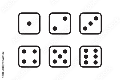 A black and white vector sketch illustrates six faces of a dice, defined with solid black outlines, suitable for gaming, design, or education.