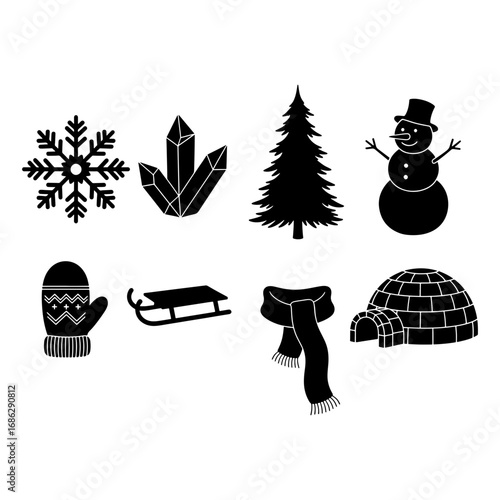 Silhouette winter icons featuring snowflake crystals christmas tree snowman mitten sled scarf and igloo