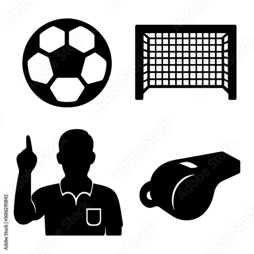 Illustration showing a soccer ball goal net referee and whistle in a black and white design style