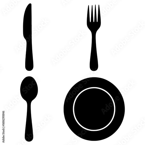 Illustration of a place setting with a knife fork spoon and plate in a simple black and white style