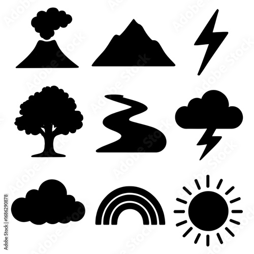 Illustration of natural elements including volcano mountain river tree rainbow sun and lightning bolts