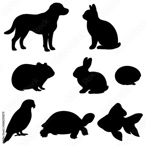 Silhouette illustration of various pet animals including dog rabbit guinea pig bird turtle and goldfish