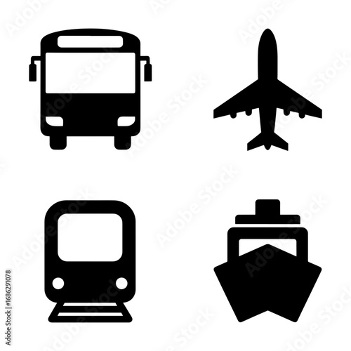 Illustration of four different modes of transportation including bus plane train and ship icons isolated
