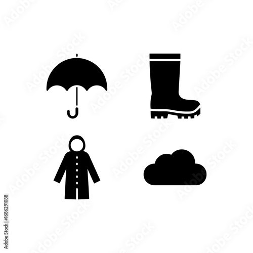 Illustration depicting rainy weather gear including an umbrella raincoat rain boots and a cloud icon