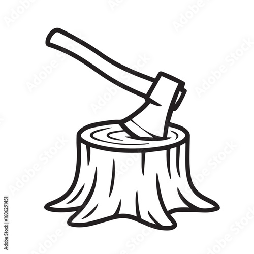 Vector drawing presents an axe lodged in a tree stump, illustrated simply in black and white, enhanced with bold black outlines for emphasis.