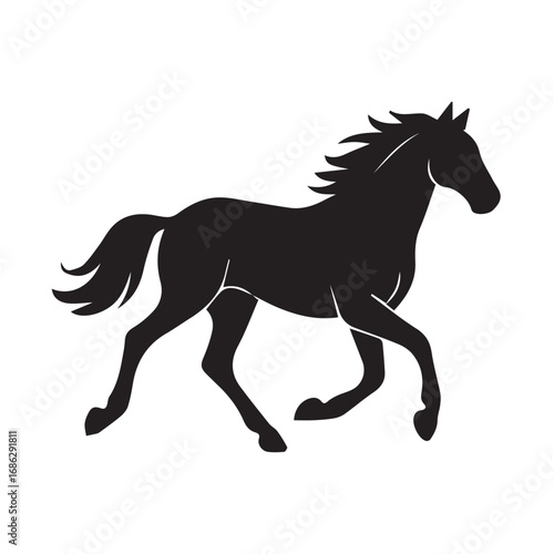 Silhouette vector design of a walking horse, represented in black and white contrast, outlined sharply with black, symbolizing beauty, freedom, and balance.